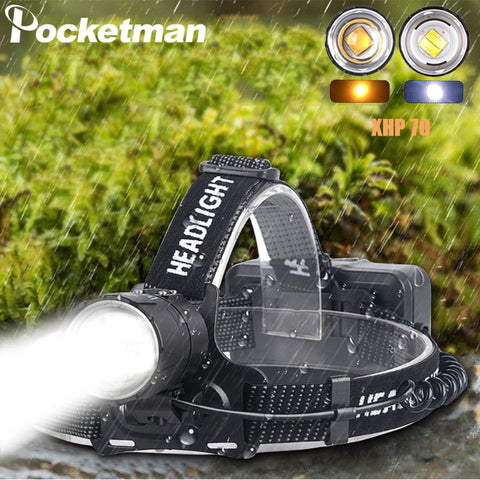 XHP70.2 Led Headlamp XHP70 Most Powerful Yellow or White Led Head light Zoom Torch Fishing Camping 3*18650 batteries